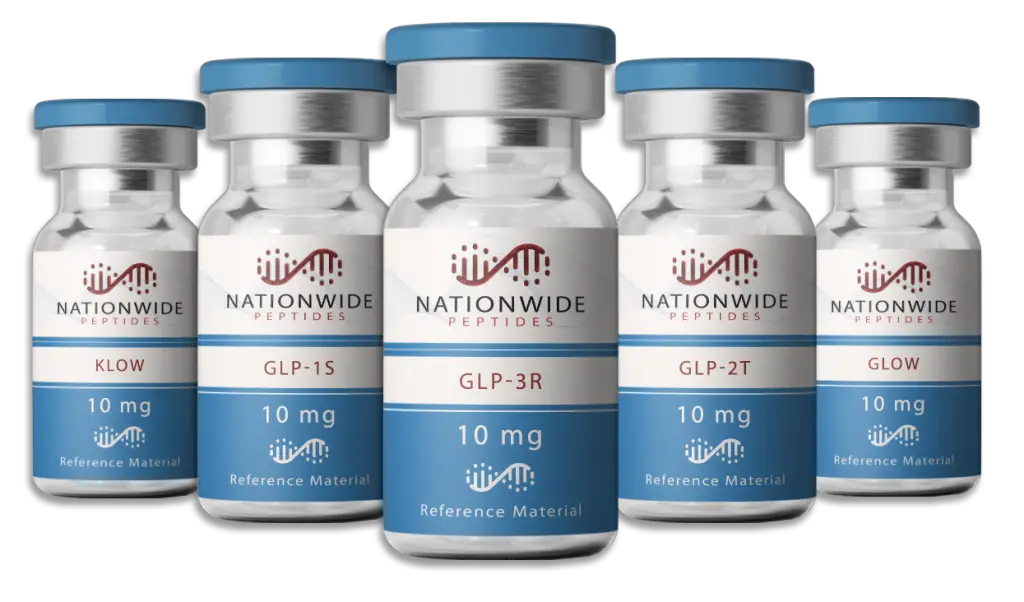 General Peptides GLP-1, GLP-2T, GLP-3R, and KLOW peptide vials for research